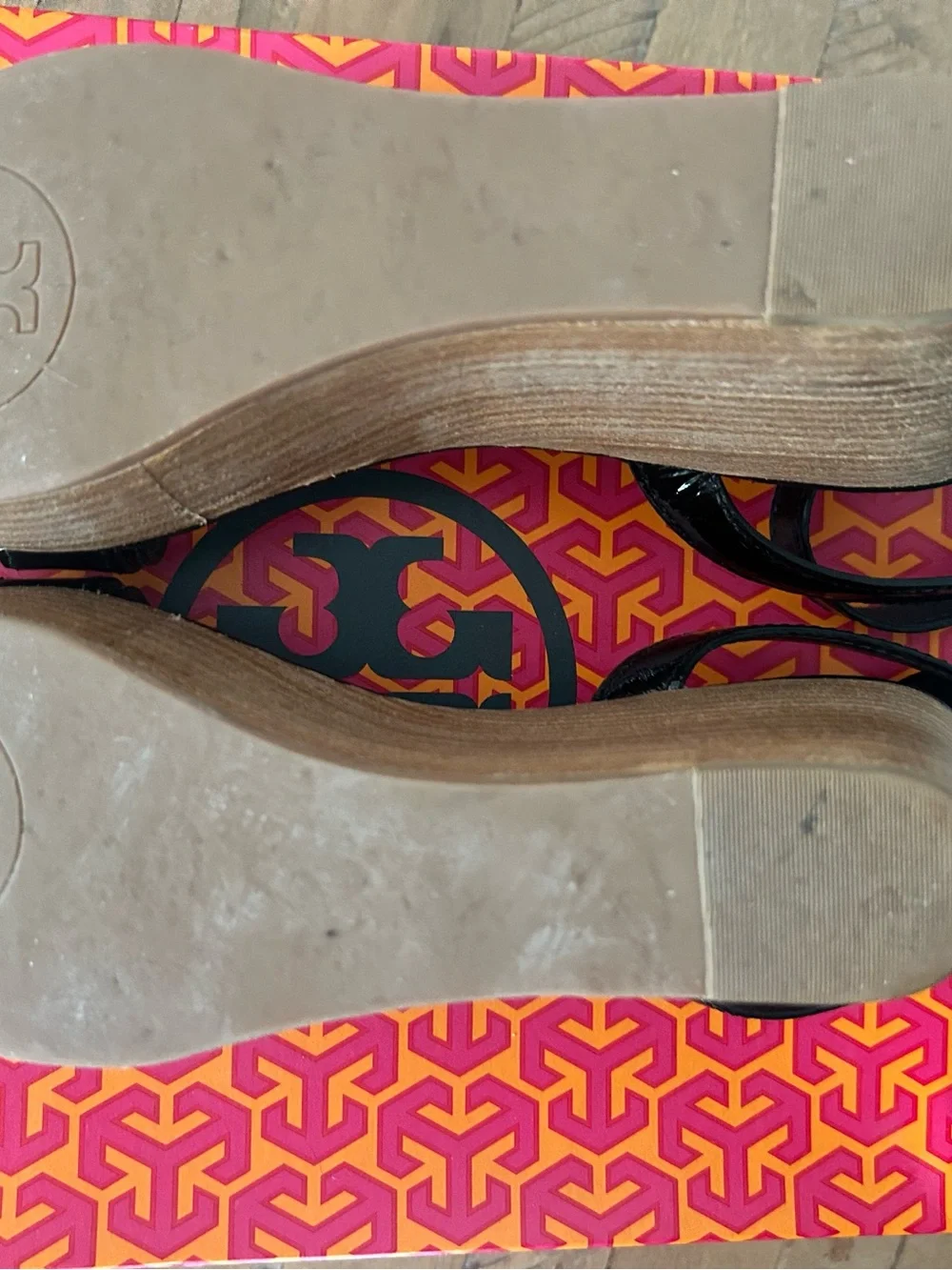 Tory Burch Black Patent Leather Wedge Sandals with Gold Logo